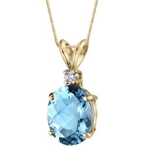 peora 14k yellow gold 3 carats swiss blue topaz with diamond pendant, genuine gemstone birthstone, aaa grade oval shape 10x8mm, elegant solitaire design