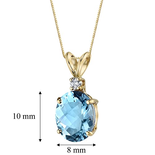 PEORA 14K Yellow Gold 3 Carats Swiss Blue Topaz with Diamond Pendant, Genuine Gemstone Birthstone, AAA Grade Oval Shape 10x8mm, Elegant Solitaire Design