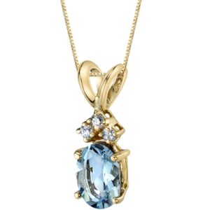 peora solid 14k yellow gold aquamarine and diamonds pendant for women, genuine gemstone birthstone solitaire, oval shape, 7x5mm