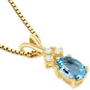 PEORA Solid 14K Yellow Gold Aquamarine and Diamonds Pendant for Women, Genuine Gemstone Birthstone Solitaire, Oval Shape, 7x5mm