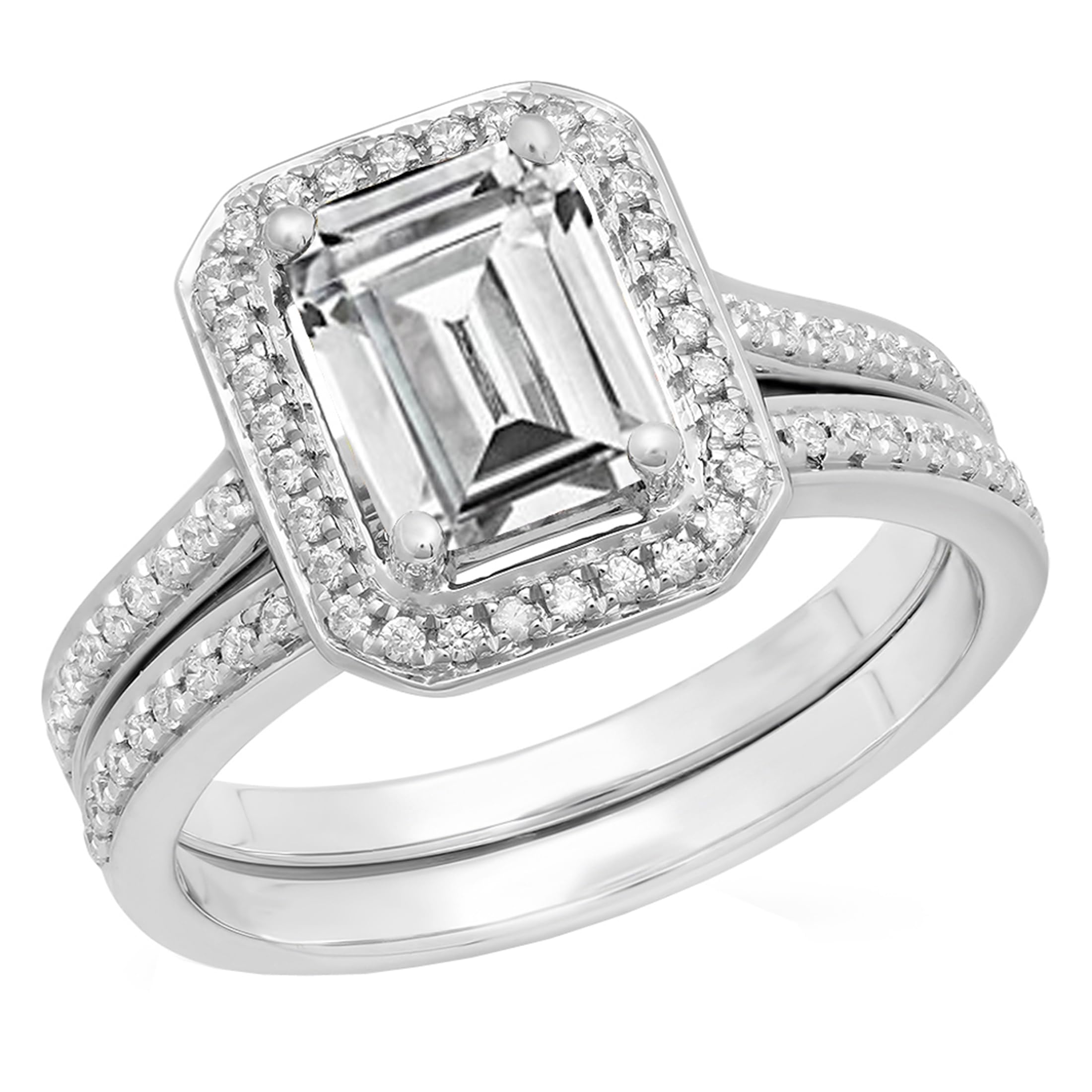 Dazzlingrock Collection Emerald Shape & Round White Cubic Zirconia Halo Engagement Ring in 10K White Gold, Size 7