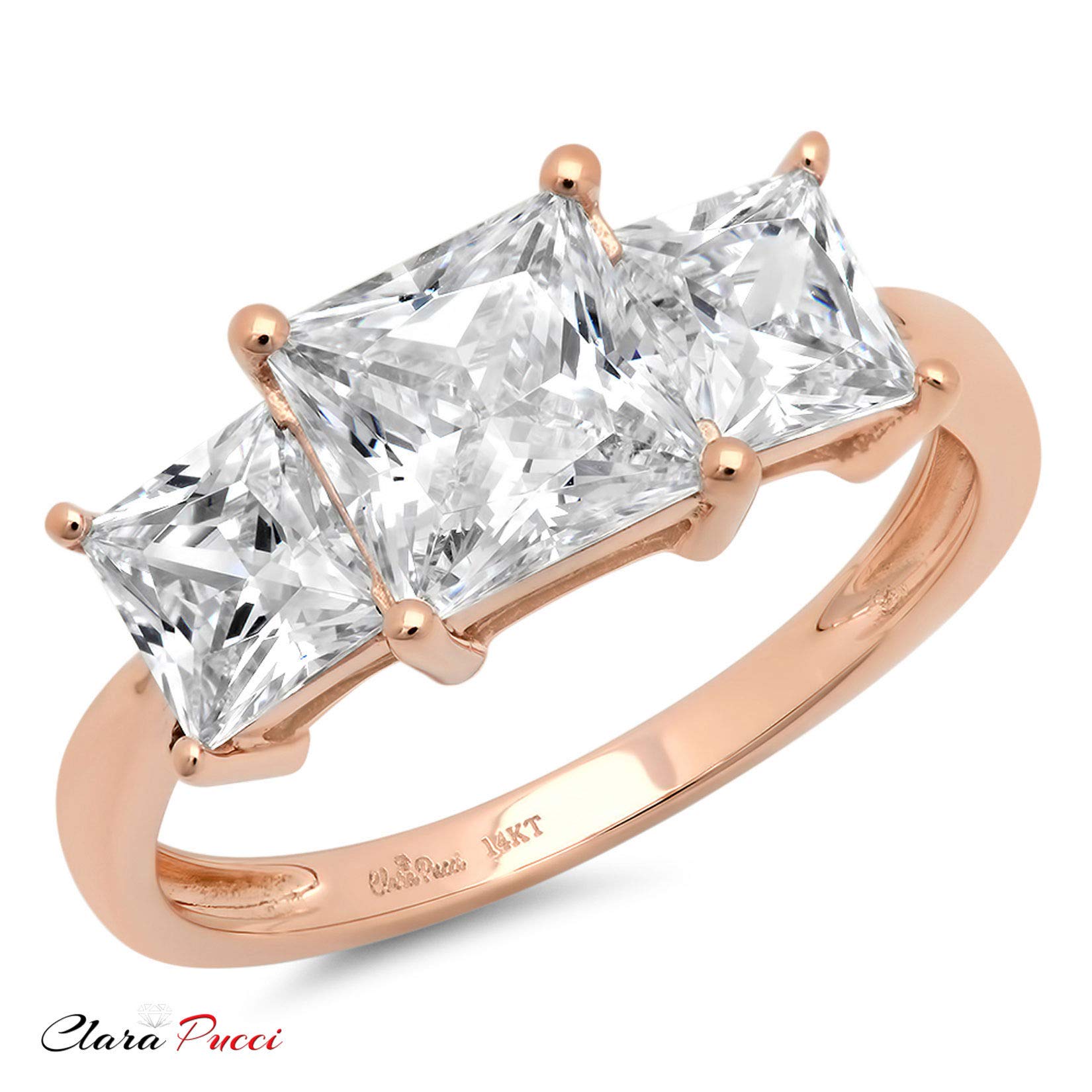 2.62 Ct Princess Cut Clear Simulated Diamond 14K Rose Gold Solitaire with Accents 3 Stone Engagement Promise Ring Sz 4.25