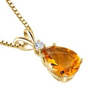 PEORA 14K Yellow Gold Citrine and Diamond Pendant for Women, Natural Gemstone Birthstone Teardrop Solitaire, 1.60 Carats total Pear Shape AAA Grade