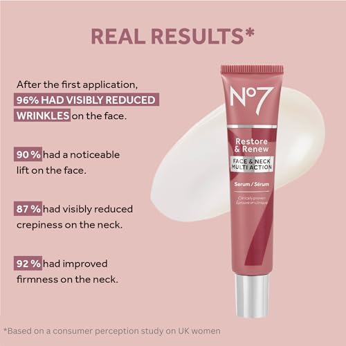 No7 Restore & Renew Multi-Action Face & Neck Serum - Anti Aging Serum for Deep Wrinkle Repair - Collagen Infused Face Serum with a Hydrating Blend of Hibiscus Peptides & Hyaluronic Acid (1 Fl Oz)