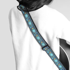 Guitar Strap, Vintage Embroidered Cotton Strap with Genuine Leather Ends for Acoustic and Electric Guitar, Bass Guitars