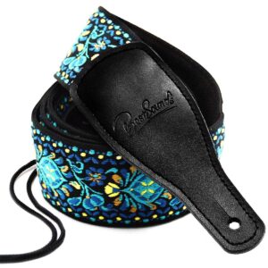 guitar strap, vintage embroidered cotton strap with genuine leather ends for acoustic and electric guitar, bass guitars