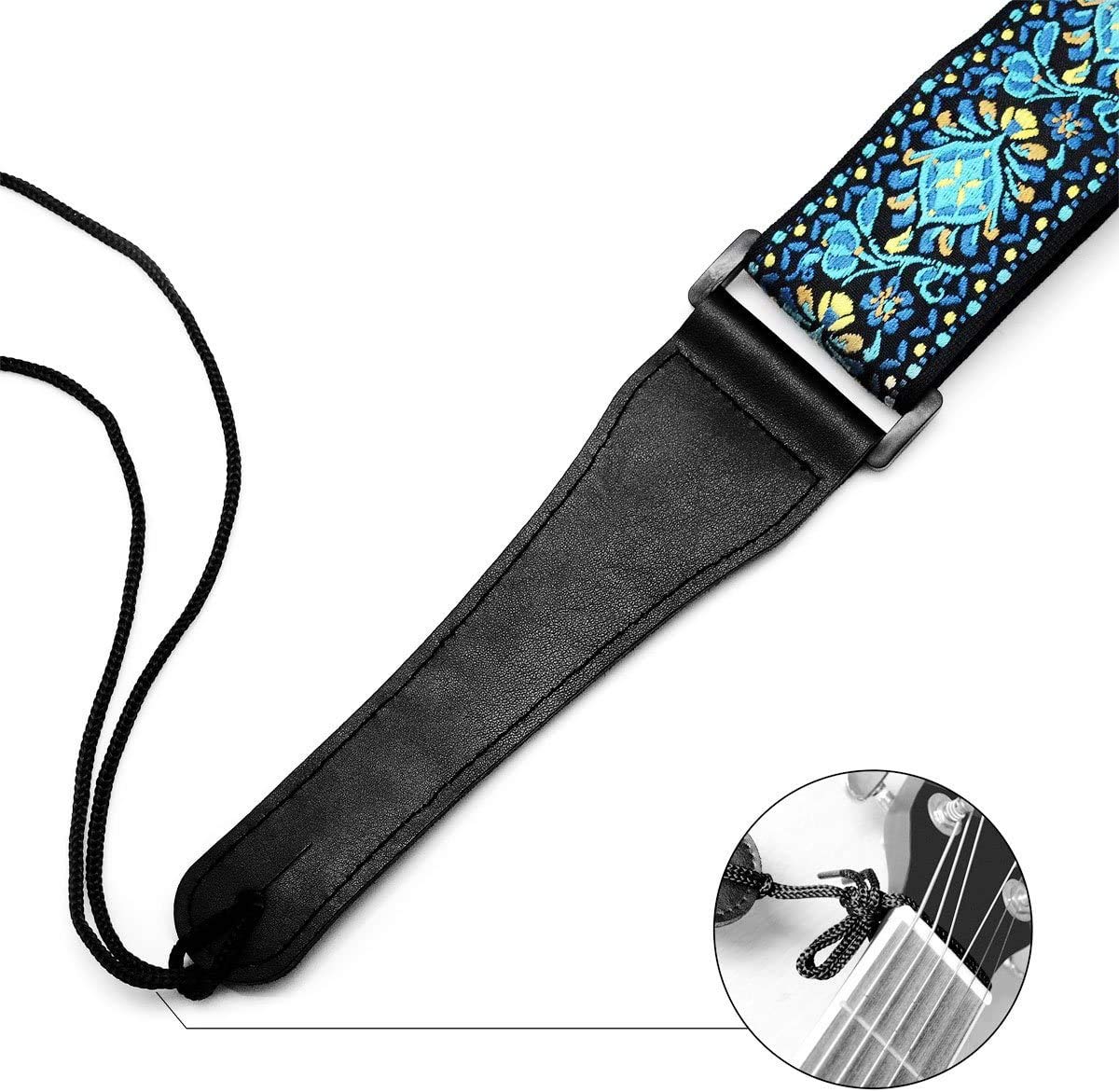 Guitar Strap, Vintage Embroidered Cotton Strap with Genuine Leather Ends for Acoustic and Electric Guitar, Bass Guitars