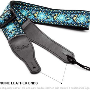 Guitar Strap, Vintage Embroidered Cotton Strap with Genuine Leather Ends for Acoustic and Electric Guitar, Bass Guitars