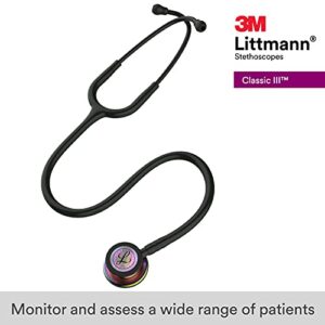 3M Littmann Classic III Monitoring Stethoscope, 5870, More Than 2X as Loud*, Weighs Less**, Stainless Steel Rainbow-Finish Chestpiece, 27" Black Tube, Stem and Headset