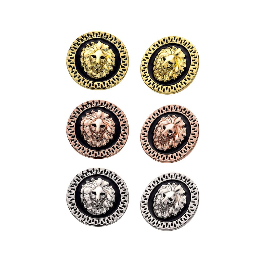 Yellow Gold Plated Black Round Earrings Stud Push Back Lion 1" L319