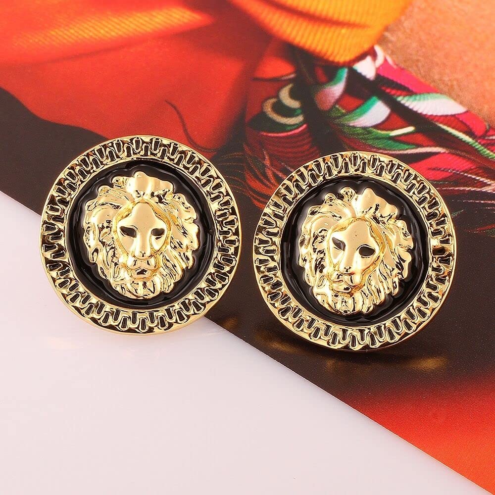 Yellow Gold Plated Black Round Earrings Stud Push Back Lion 1" L319