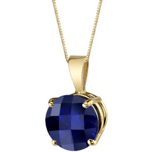 peora 14k yellow gold 2.75 carats created blue sapphire pendant for women, classic solitaire, aaa grade round shape 8mm