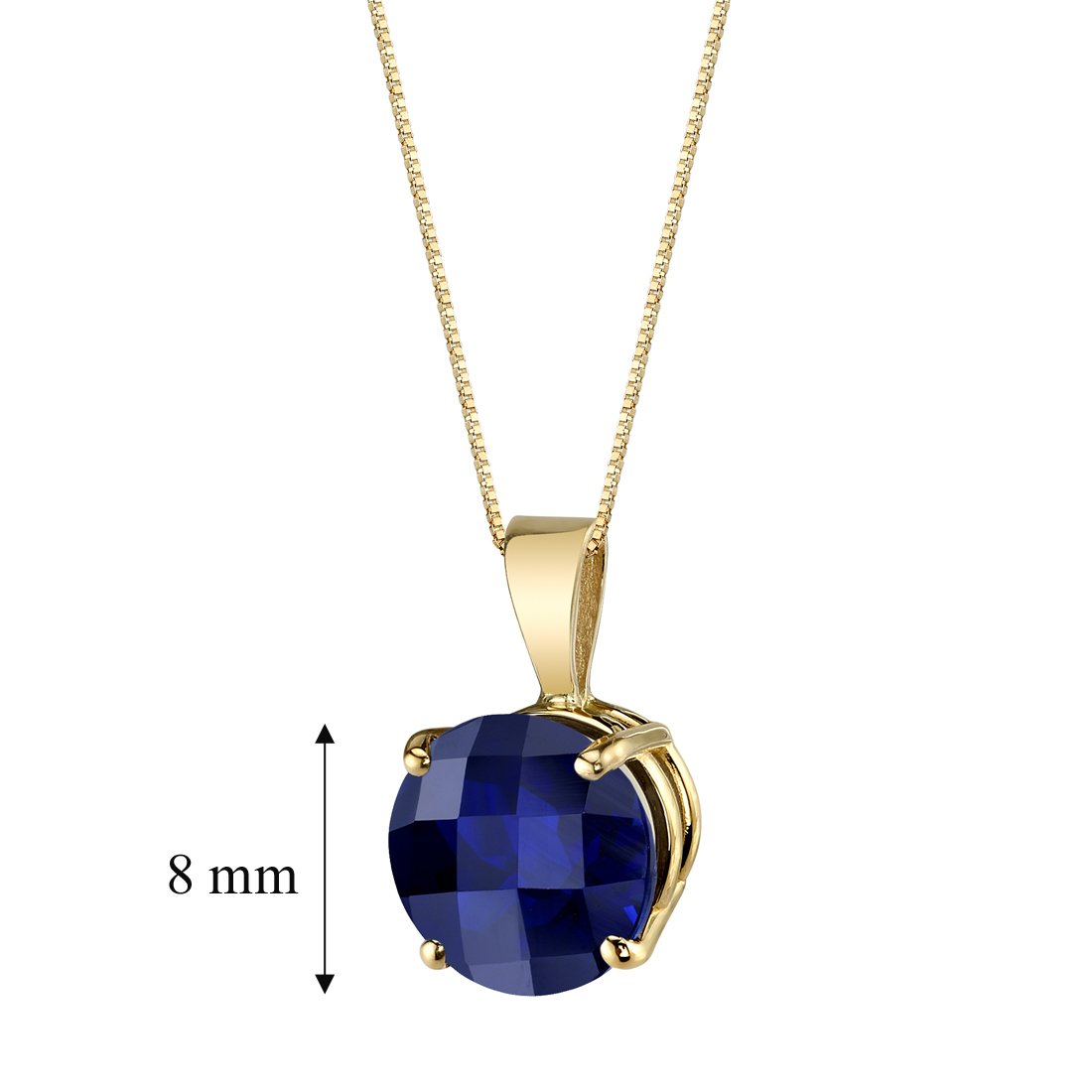 PEORA 14K Yellow Gold 2.75 Carats Created Blue Sapphire Pendant for Women, Classic Solitaire, AAA Grade Round Shape 8mm