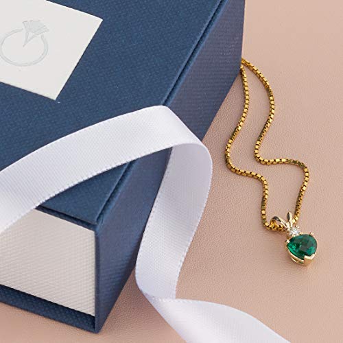 PEORA Created Emerald with Genuine Diamond Pendant in 14K Yellow Gold, Heart Shape Solitaire 6mm