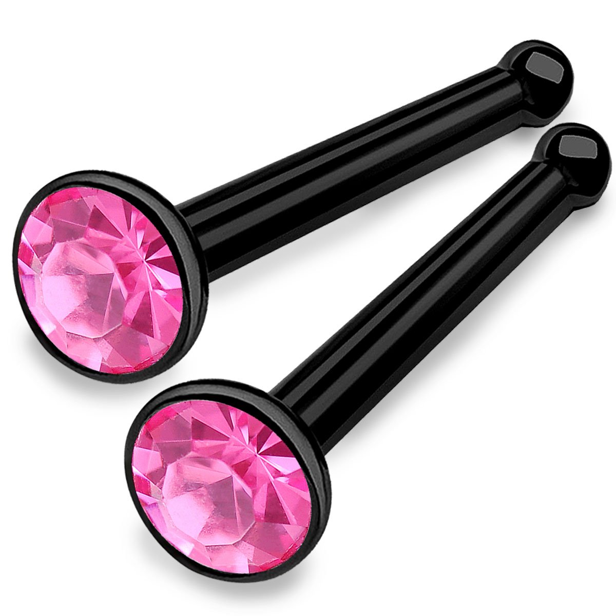 bodyjewellery 2pcs 18g 1mm Nose Stud Bone Straight Bar Nostril Ring Black Anodized Surgical Stainless Steel 2mm Crystal Choose Color (Rose)