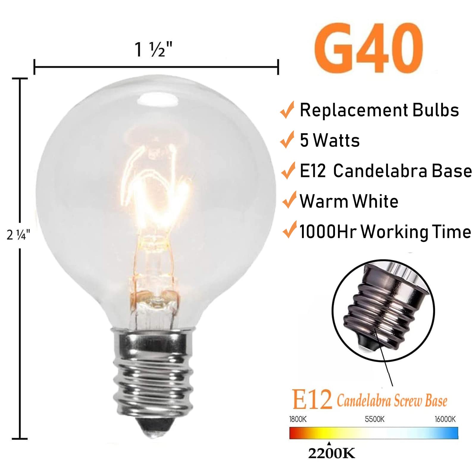 GOOTHY Clear Globe G40 Screw Base Light Bulbs Replacement 1.5-Inch, E12 Base, 25 Pack