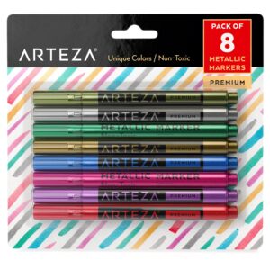 arteza wine glass markers, set of 8 washable metallic paint pens, quick-drying erasable markers for glassboards, ceramic plates, mirrors