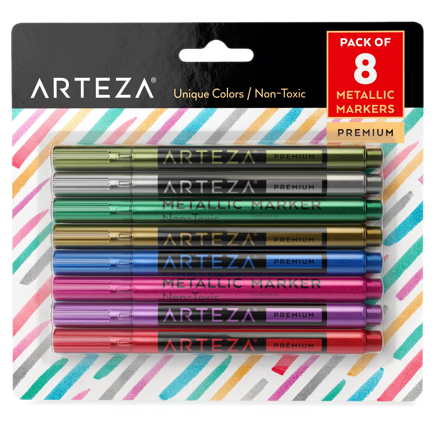 ARTEZA Wine Glass Markers, Set of 8 Washable Metallic Paint Pens, Quick-Drying Erasable Markers for Glassboards, Ceramic Plates, Mirrors