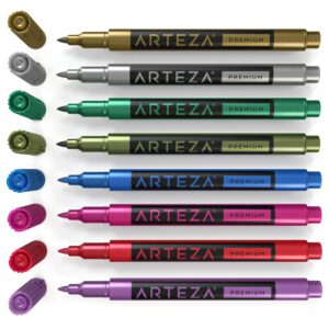 ARTEZA Wine Glass Markers, Set of 8 Washable Metallic Paint Pens, Quick-Drying Erasable Markers for Glassboards, Ceramic Plates, Mirrors