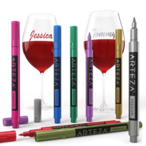 ARTEZA Wine Glass Markers, Set of 8 Washable Metallic Paint Pens, Quick-Drying Erasable Markers for Glassboards, Ceramic Plates, Mirrors