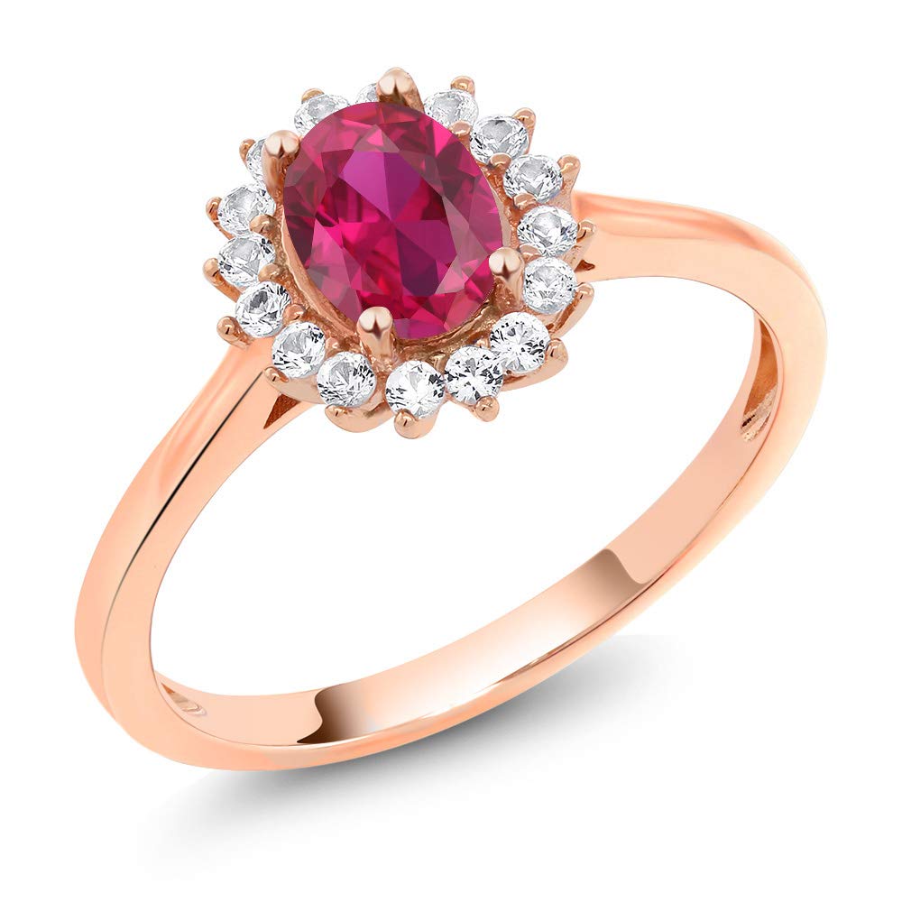 Gem Stone King 10K Rose Gold Red Created Ruby and White Created Sapphire Engagement Ring For Women (1.14 Cttw, Oval, Available in size 5, 6, 7, 8, 9)