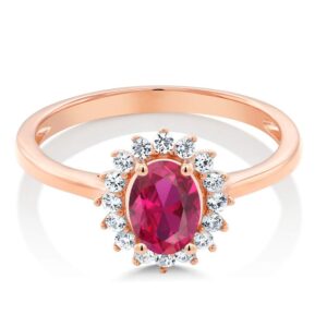 Gem Stone King 10K Rose Gold Red Created Ruby and White Created Sapphire Engagement Ring For Women (1.14 Cttw, Oval, Available in size 5, 6, 7, 8, 9)