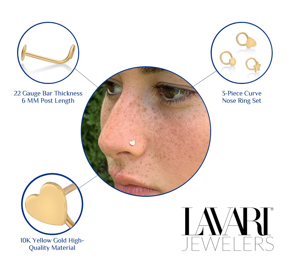 Lavari Jewelers 22G Nose Ring Set 2mm Circle Star Heart in 10k Yellow Gold