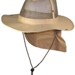 Tropic Hats Summer Wide Brim Mesh Safari/Outback W/Neck Flap & Snap Up Sides - Khaki XXXL