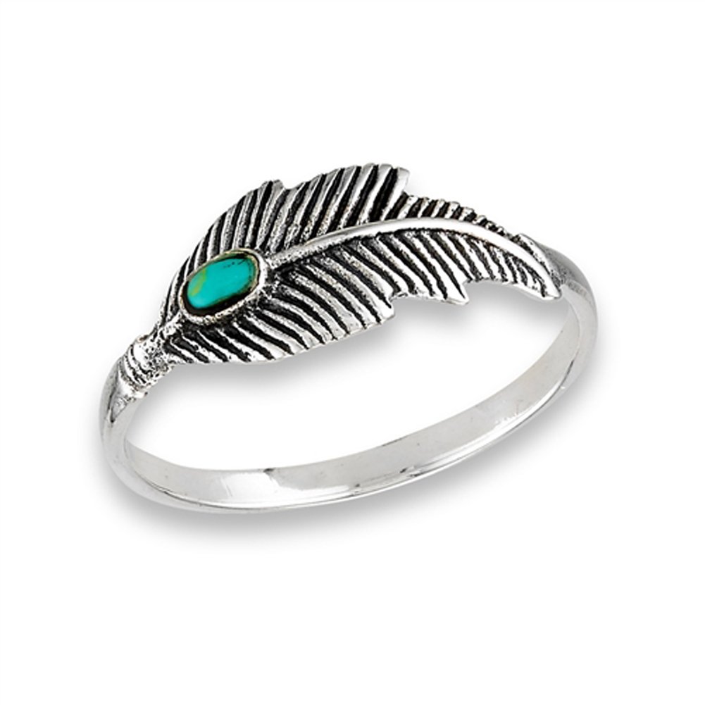 Simulated Turquoise Oxidized Feather Ring .925 Sterling Silver Tree Leaf Band Size 9