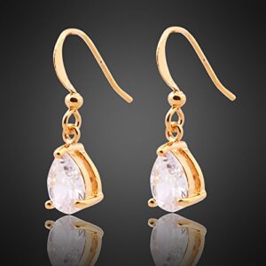 Dangle Drop Pierced Earrings with Pear Cut CZ White Cubic Zirconia in 18K Yellow Gold Plated, Simple Modern Elegant