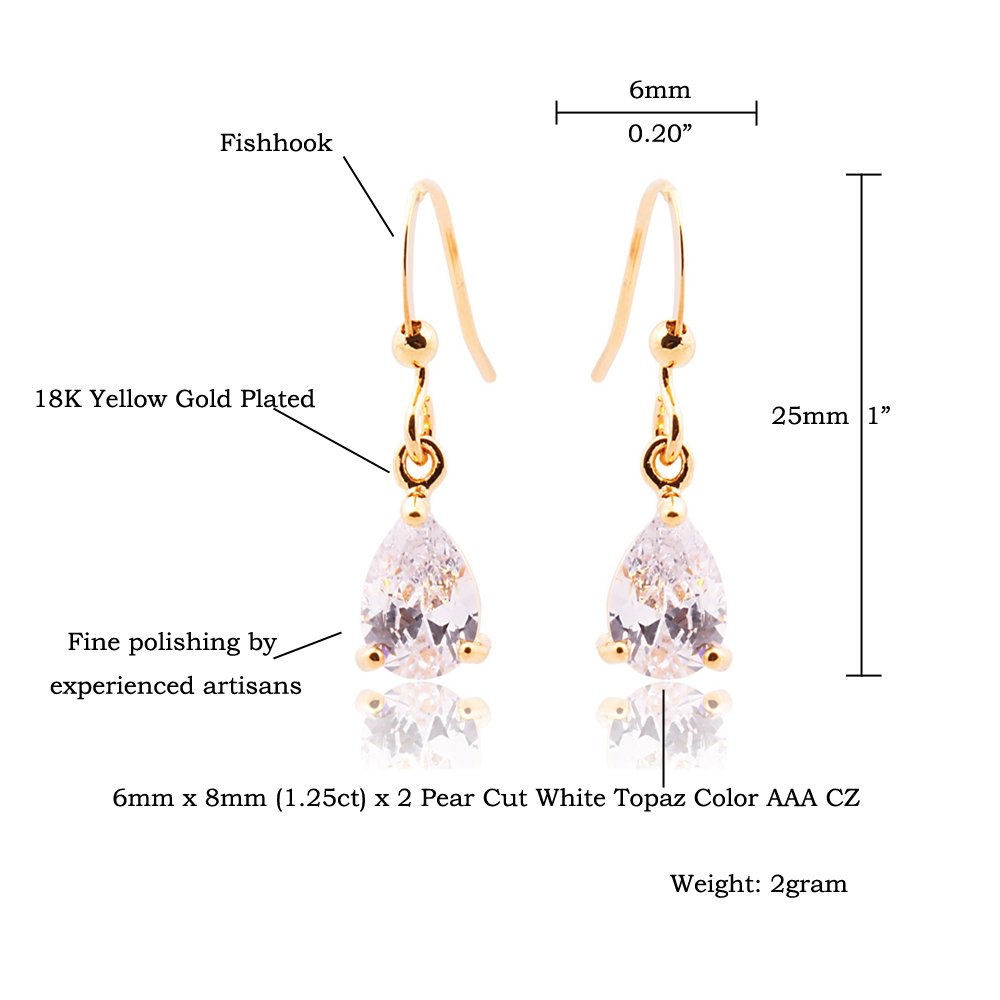 Dangle Drop Pierced Earrings with Pear Cut CZ White Cubic Zirconia in 18K Yellow Gold Plated, Simple Modern Elegant