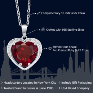 Gem Stone King 925 Sterling Silver Created Ruby Pendant Necklace For Women (4.25 Cttw, Heart Shape 10MM, With 18 Inch Silver Chain)