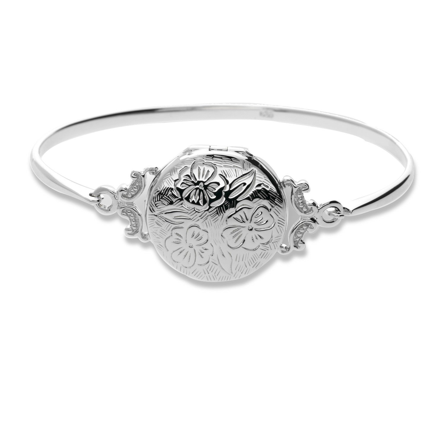 Pearlina Sterling Silver Locket Bracelet Bangle Cuff Etched Floral Vintage Style for Woman 7"