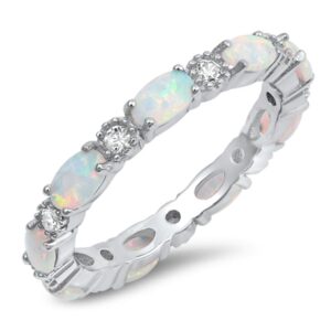 Clear CZ Oval White Simulated Opal Ring Sterling Silver Stackable Love Band Size 9