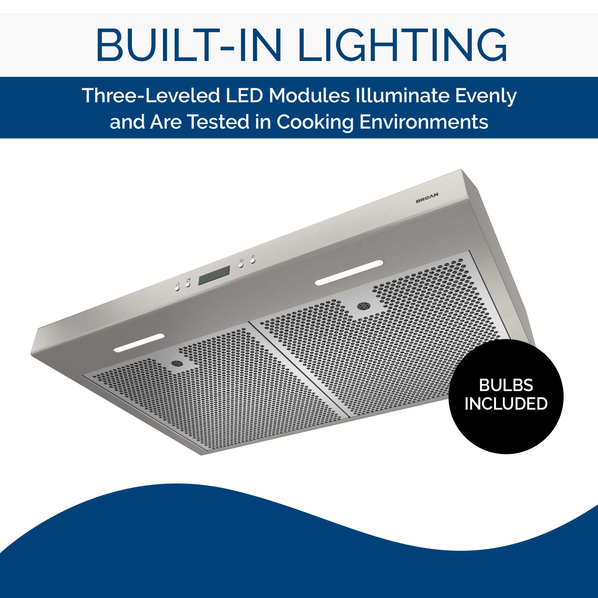 Broan-NuTone Glacier 30-inch Under-Cabinet 4-Way Convertible Range Hood with 3-Speed Exhaust Fan and Light, 450 Max Blower CFM, Stainless Steel