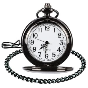 wior classic smooth vintage pocket watch silver steel mens watch with 14 in chain for graduation xmas fathers day(black)