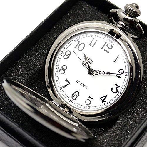 WIOR Classic Smooth Vintage Pocket Watch Silver Steel Mens Watch with 14 in Chain for Graduation Xmas Fathers Day(Black)