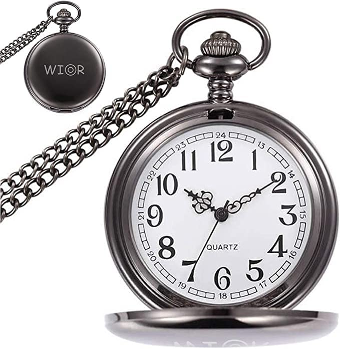 WIOR Classic Smooth Vintage Pocket Watch Silver Steel Mens Watch with 14 in Chain for Graduation Xmas Fathers Day(Black)