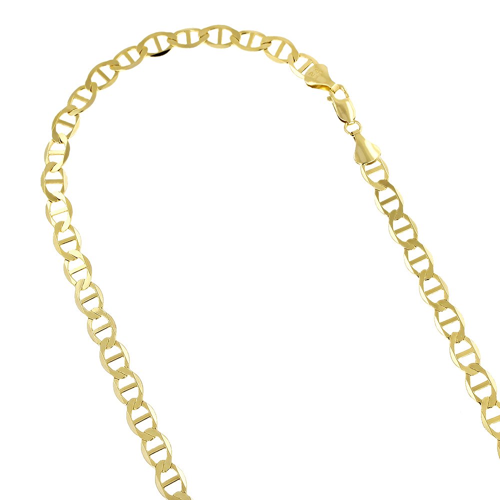 Luxurman 14K Yellow Gold Solid Flat Mariner Chain 6.5mm Wide Necklace with Lobster Claw Clasp