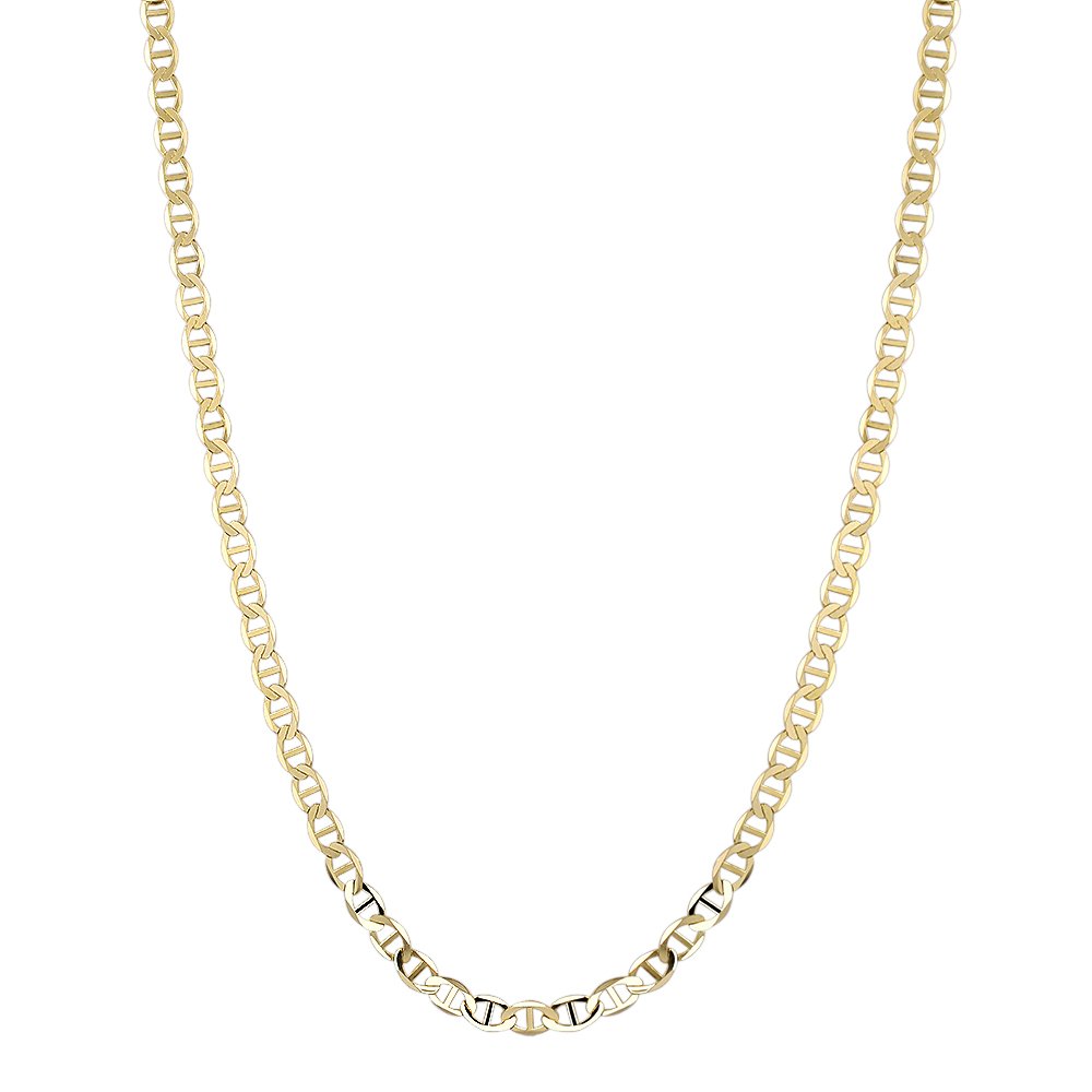 Luxurman 14K Yellow Gold Solid Flat Mariner Chain 6.5mm Wide Necklace with Lobster Claw Clasp