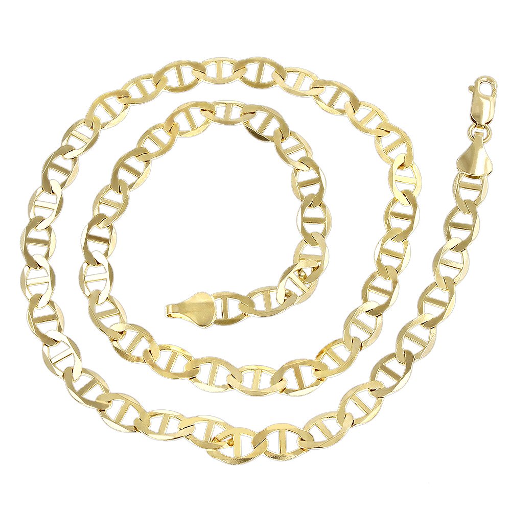 Luxurman 14K Yellow Gold Solid Flat Mariner Chain 6.5mm Wide Necklace with Lobster Claw Clasp