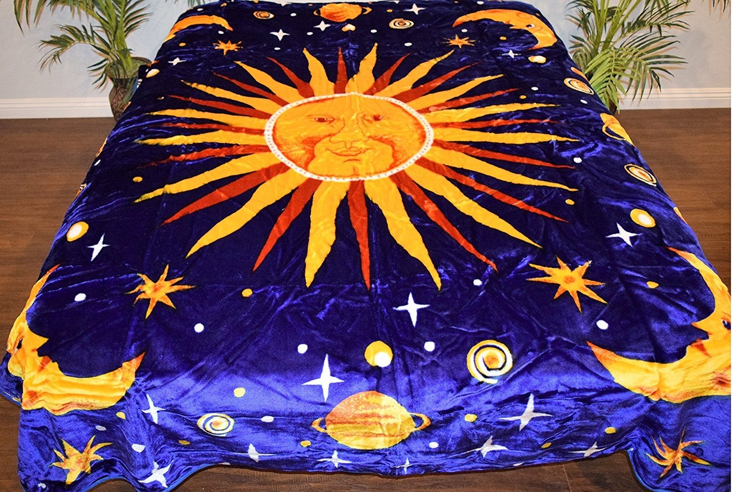 Outerspace Cosmo Sun Moon Stars Blue Luxury Super Soft Medium Weight Queen Size Mink Blanket 1ply