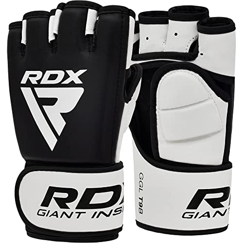 RDX MMA Gloves Sparring Martial Arts Grappling Cowhide Leather Training UFC Cage Fighting Combat Punching Bag Gel Mitts,Black,Small