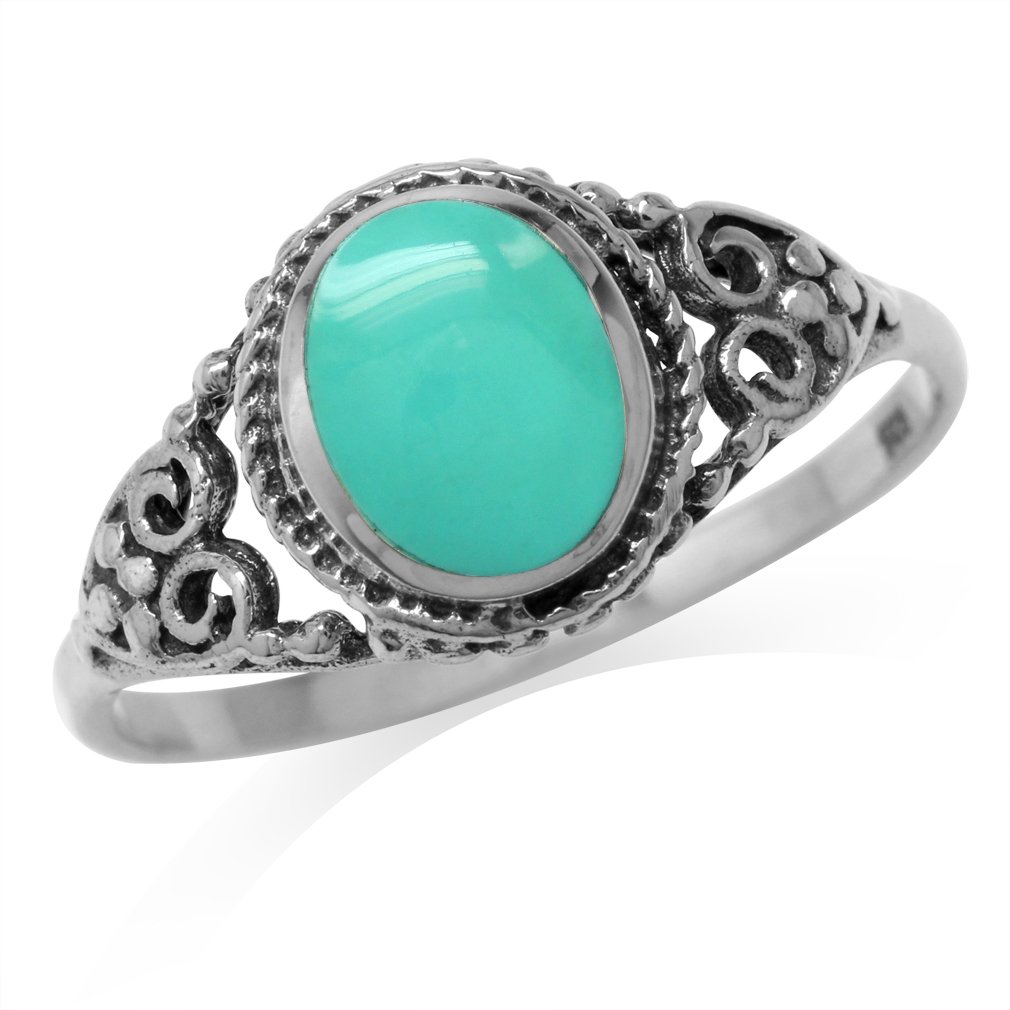 Silvershake Created Green Turquoise Inlay 925 Sterling Silver Filigree Victorian Style Ring Size 9