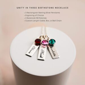 AJ's Collection Unity in Three Personalized Charm Necklace. Customize 3 Sterling Silver Rectangular Pendants with Names of Your Choice. Gifts for Her