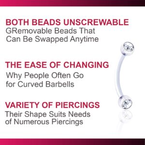 bodyjewellery 4pcs 16g Curved Barbell Cartilage Tragus Eyebrow Flexible Bioflex Helix Conch Earring Auricle Crystal Ball Stud - 10mm