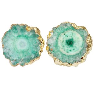 SUNYIK Natural Quartz Geode Druzy Stud Earrings, Irregular Green