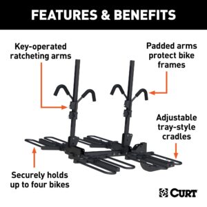 CURT 18087 Secure Locking Tray-Style Trailer Hitch Bike Rack Mount, Fits 2-Inch Receiver, 4 Bicycles