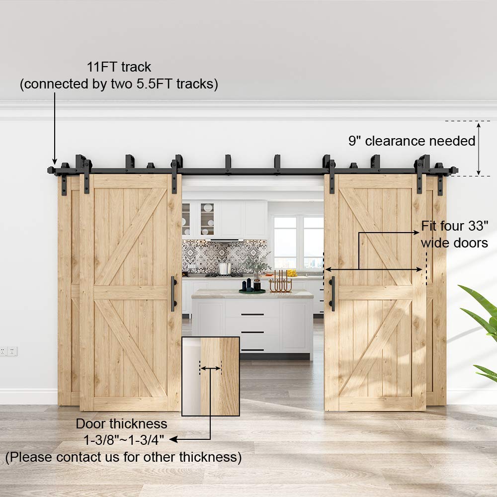 WINSOON 11FT Sliding Bypass Barn Wood Door Hardware 8 Rollers Kit System Bending Design Wall Mount Bracket Fit 4 Wooden Doors (11FT)