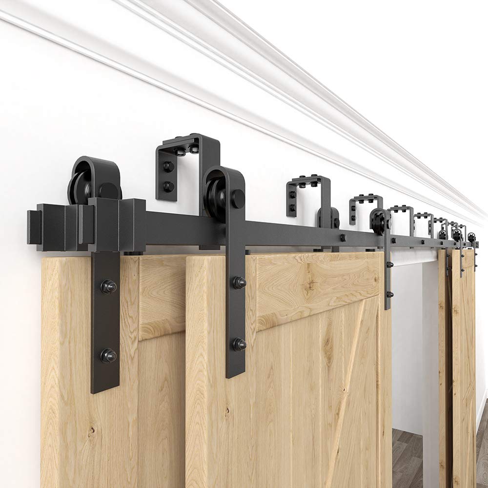 WINSOON 11FT Sliding Bypass Barn Wood Door Hardware 8 Rollers Kit System Bending Design Wall Mount Bracket Fit 4 Wooden Doors (11FT)